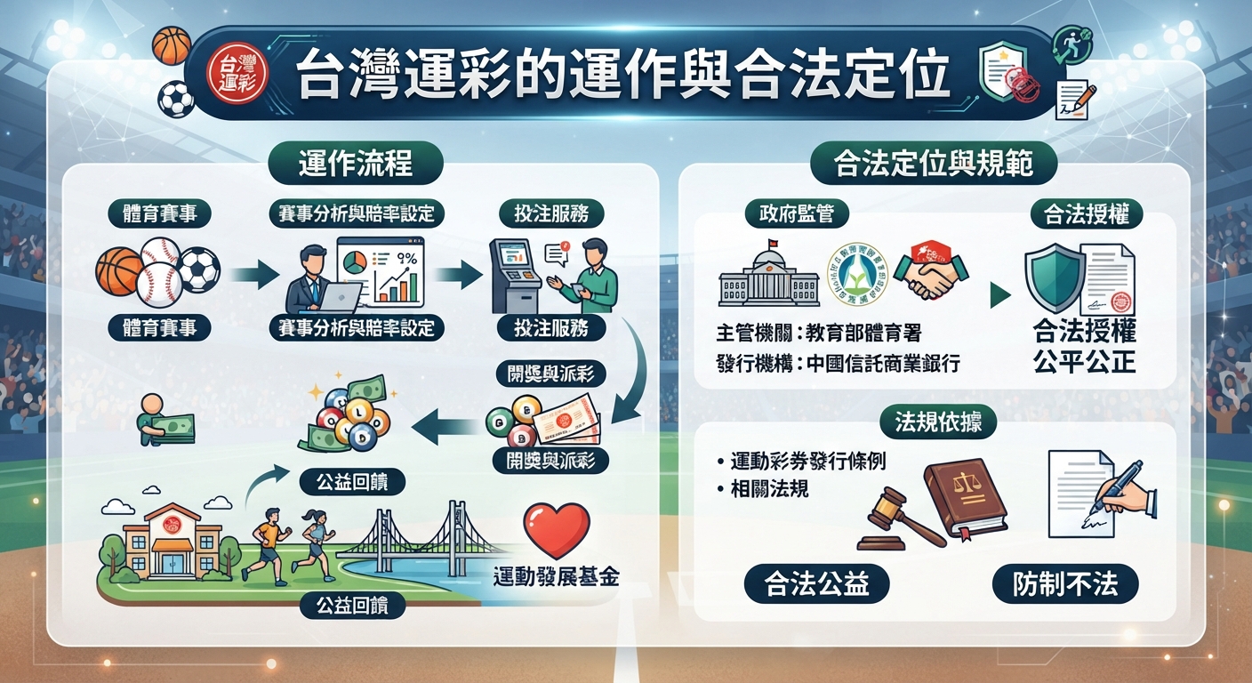 這張資訊圖表清晰展示了台灣運動彩券的運作流程,涵蓋賽事分析、投注服務與公益回饋。 同時也詳細說明了其政府監管下的合法定位、發行機構以及相關法規依據。