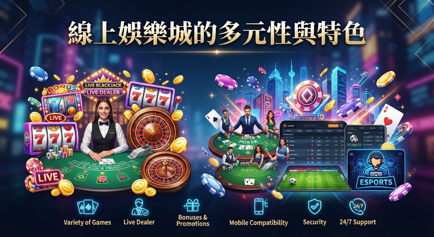圖像上方標有金色標題「線上娛樂城的多元性與特色」,搭配炫彩霓虹與現代科技感的背景設計。 畫面集結真人視訊、老虎機、輪盤及體育電競等多種遊戲,生動呈現線上娛樂城豐富且便利的特色。